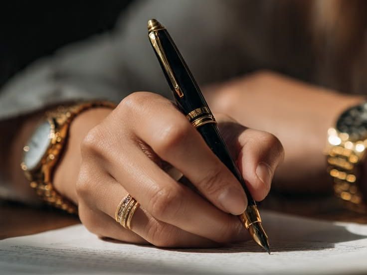 Mão de uma mulher assinando um documento com caneta-tinteiro